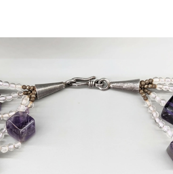 Amethyst 925 STERLING SILVER Cluster Multi Strand BIB Purple Necklace 18" TESTED - Picture 7 of 7